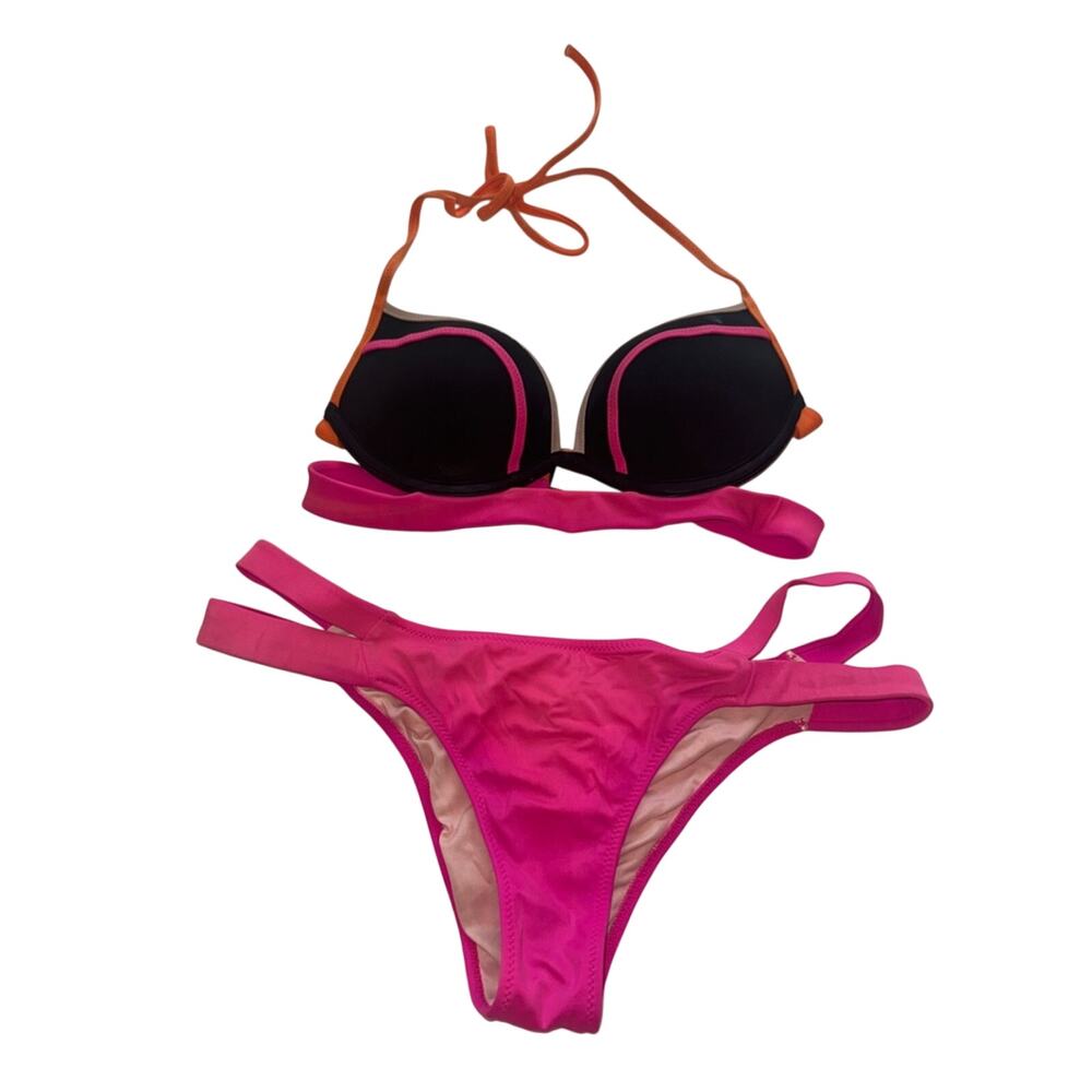 Victoria's Secret Pink and Black Bikini with Orange Trim